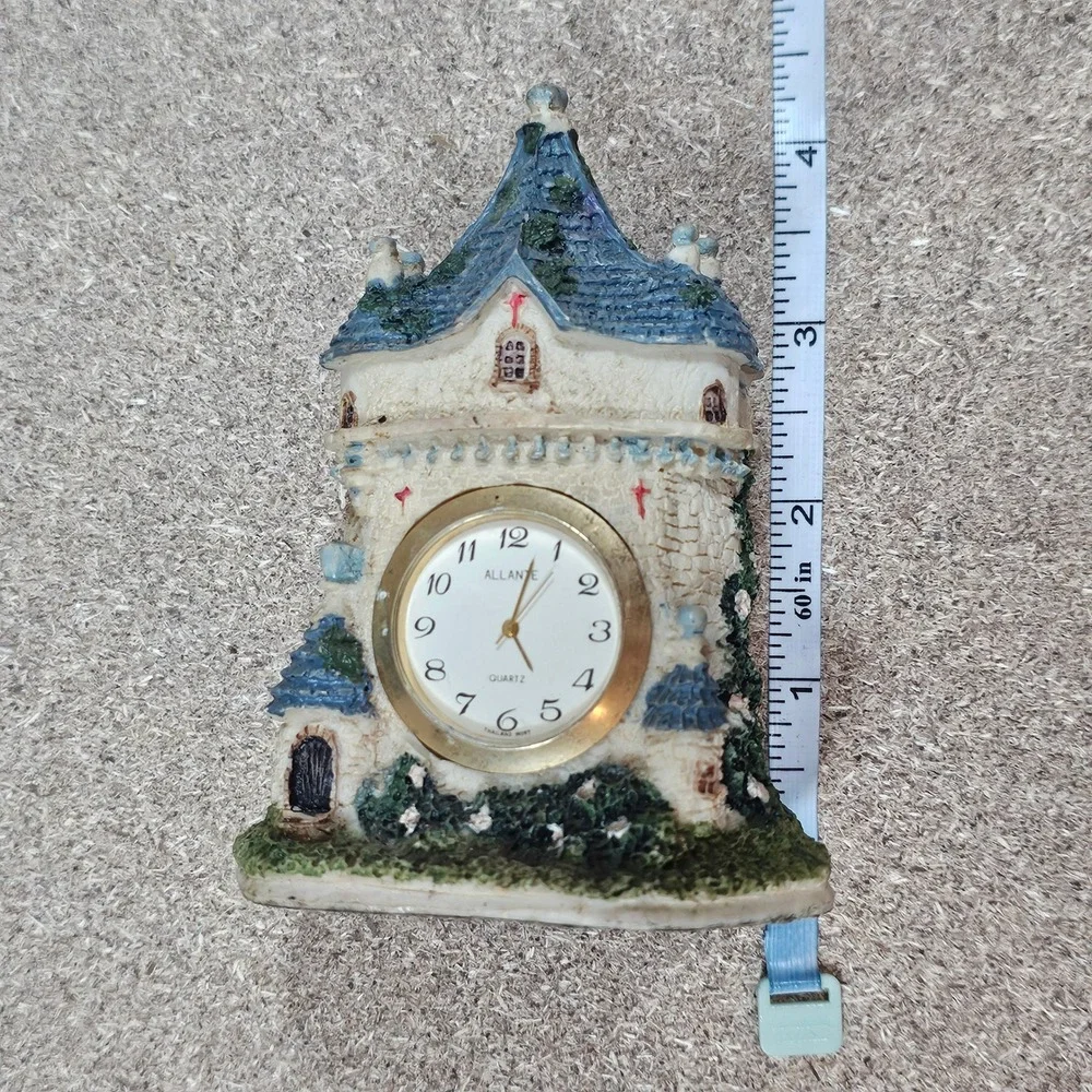 Allante Castle Cottage Desk Clock Small Cream Blue Good Whimsical Resin Quartz